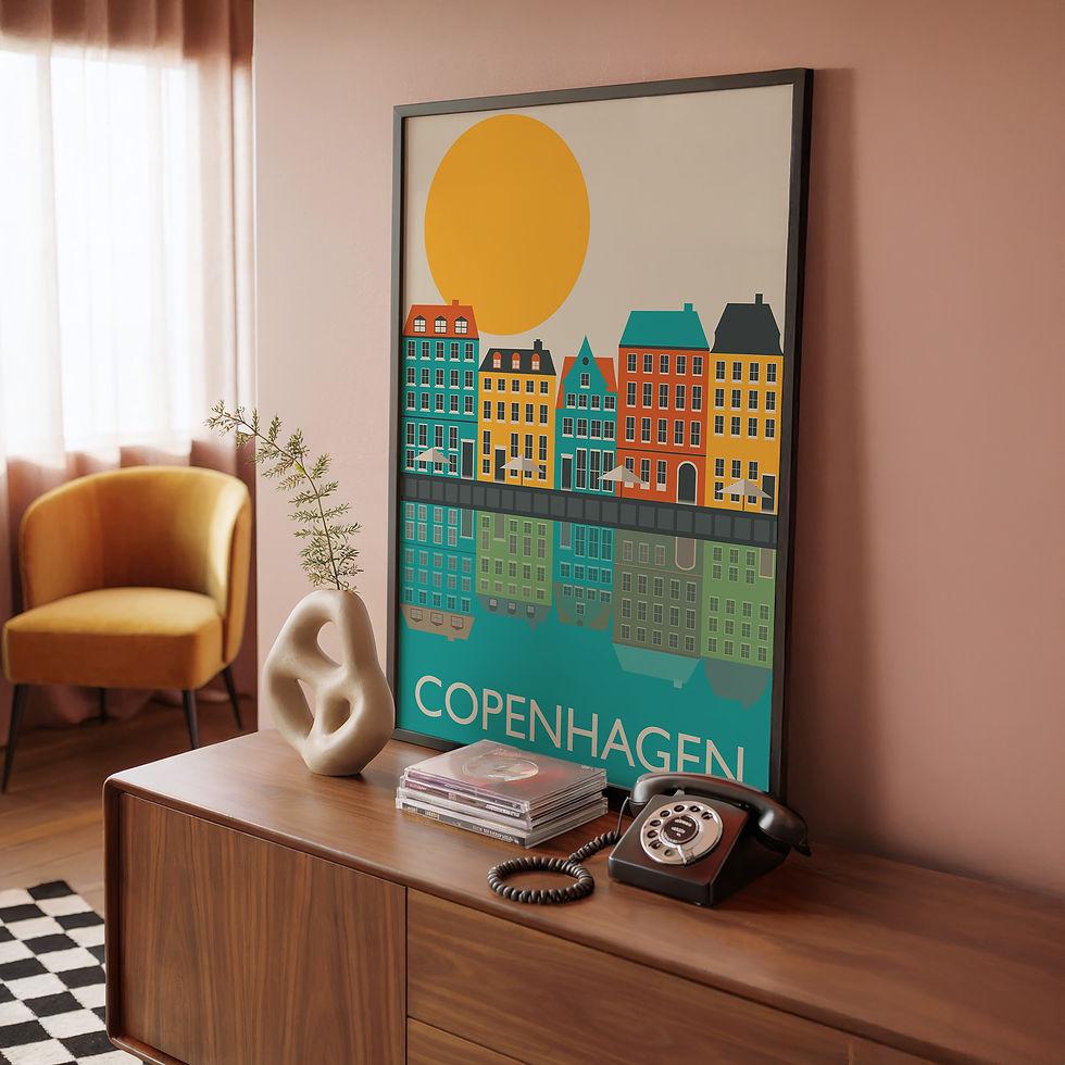 Thumbnail: Copenhagen poster with colourful buildings, sun, and reflections