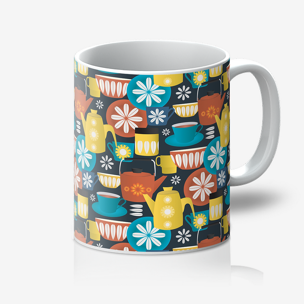 Thumbnail: White mug with colorful patterned teacups, teapots, flowers