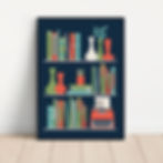 Bookshelf with books, vases, typewriter, 'Read Write Dream'