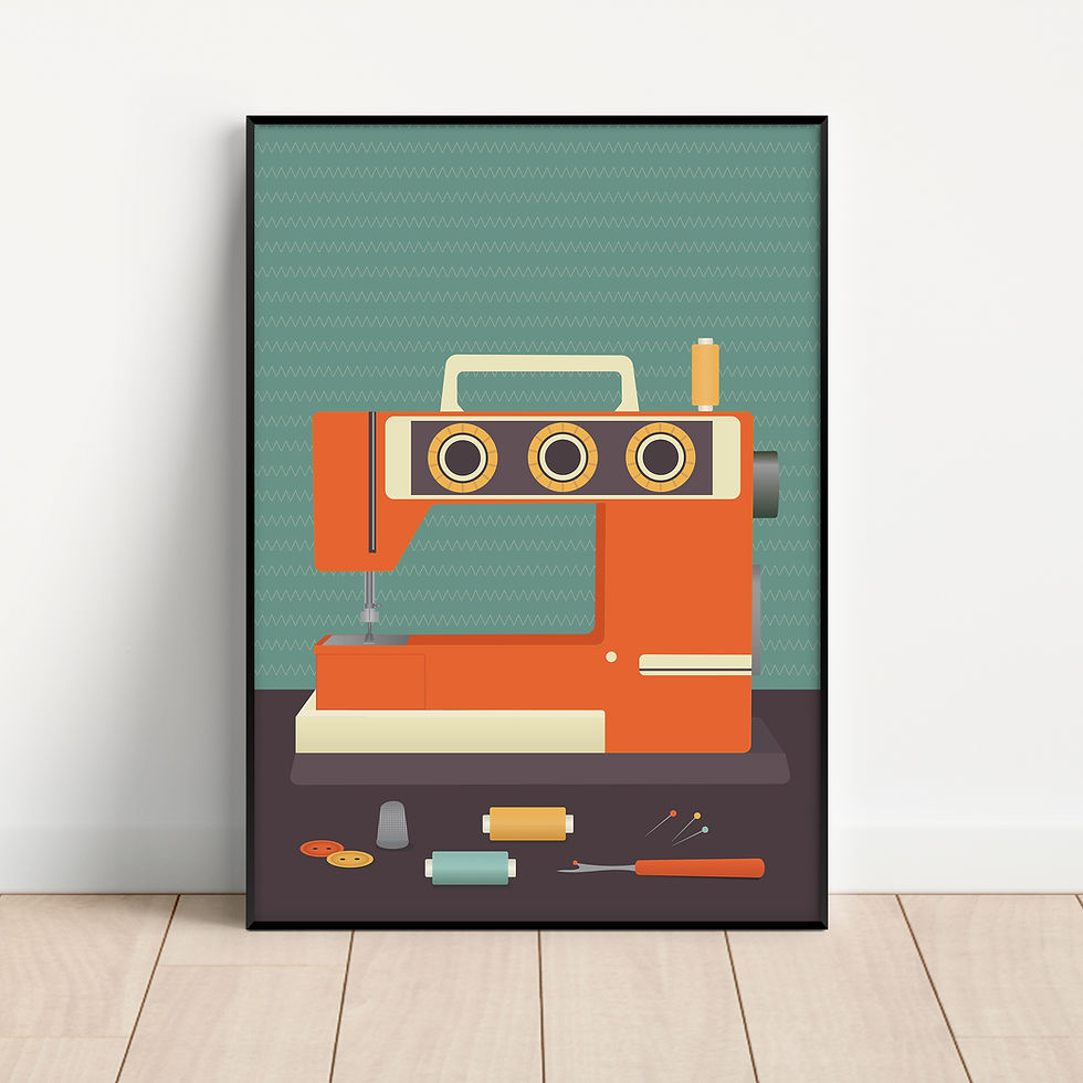 Orange sewing machine art print with spools of thread
