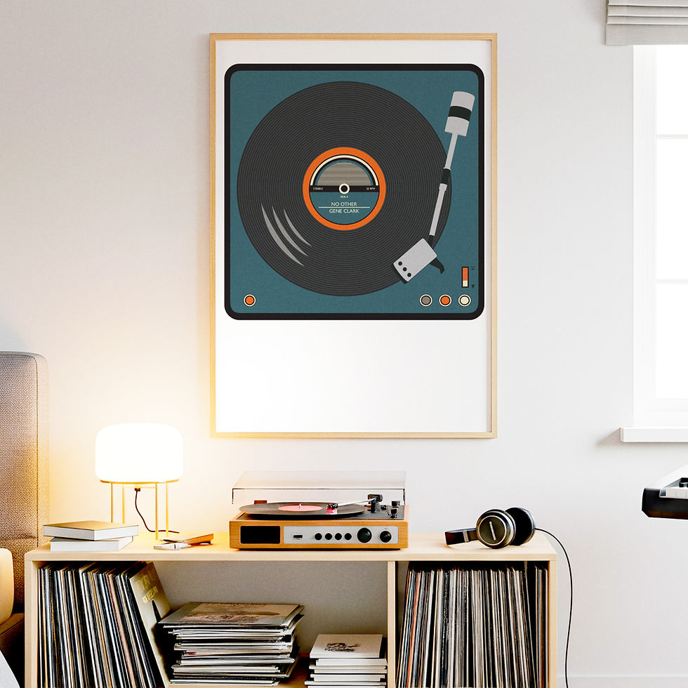 Thumbnail: Framed illustration of a vintage record player above a turntable