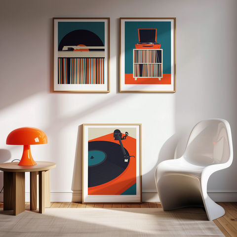 Music Inspired Prints in a retro room with an orange lamp