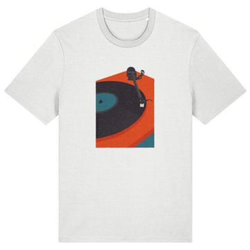A white t-shirt featuring a turntable print