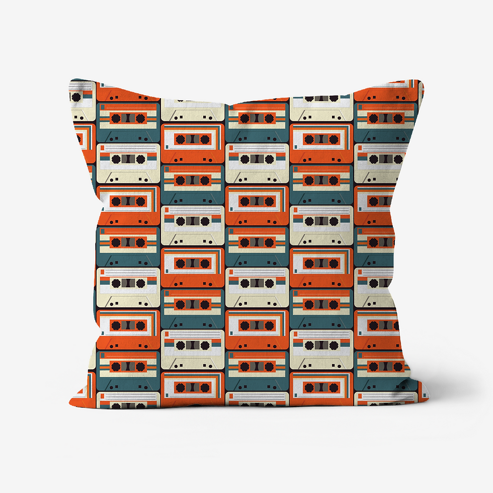 Cushion with vintage cassette tape pattern
