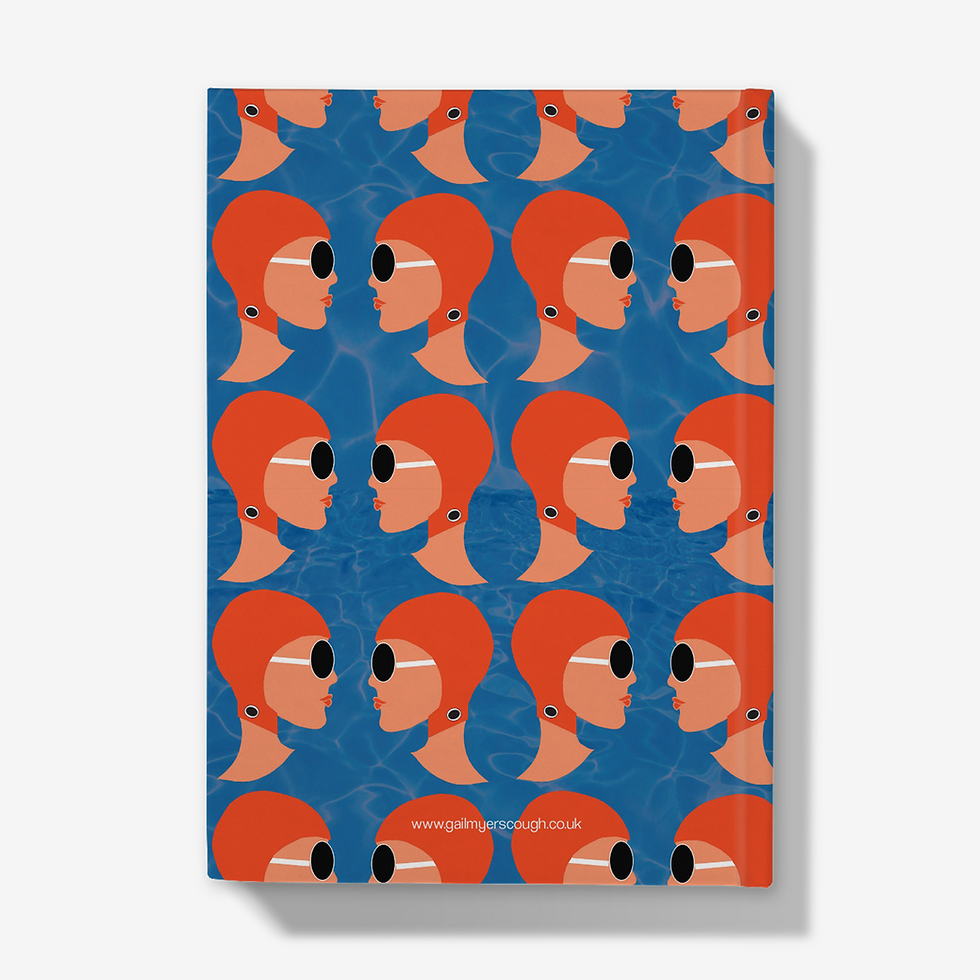Thumbnail: Pattern of swimmers in orange caps and goggles on blue