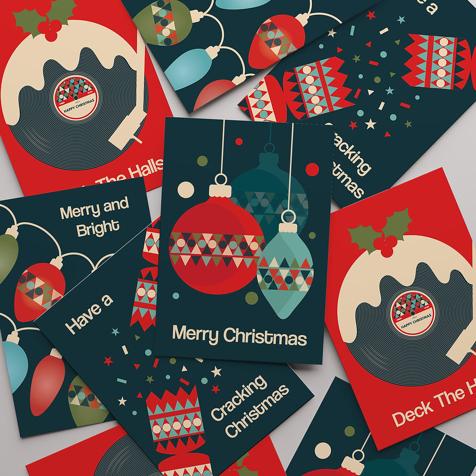 A pile of bold and colourful Christmas cards