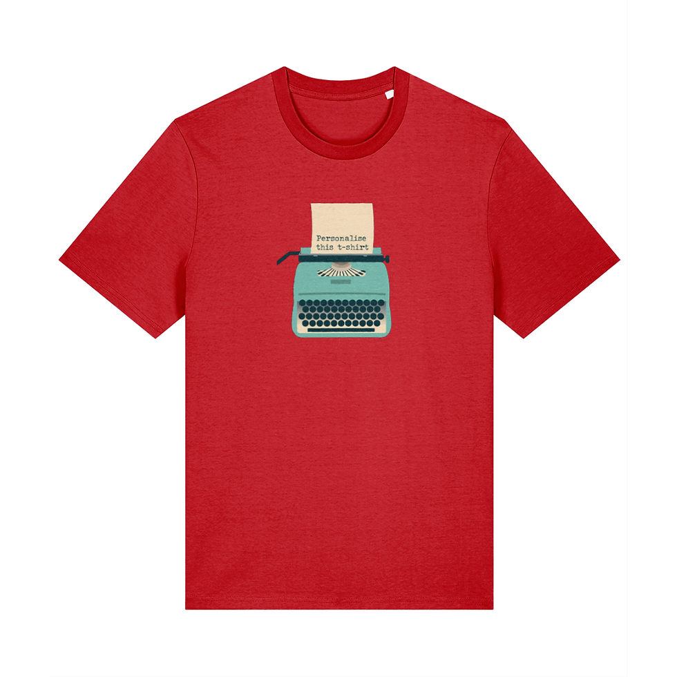 Thumbnail: Blue typewriter illustration on a red t-shirt