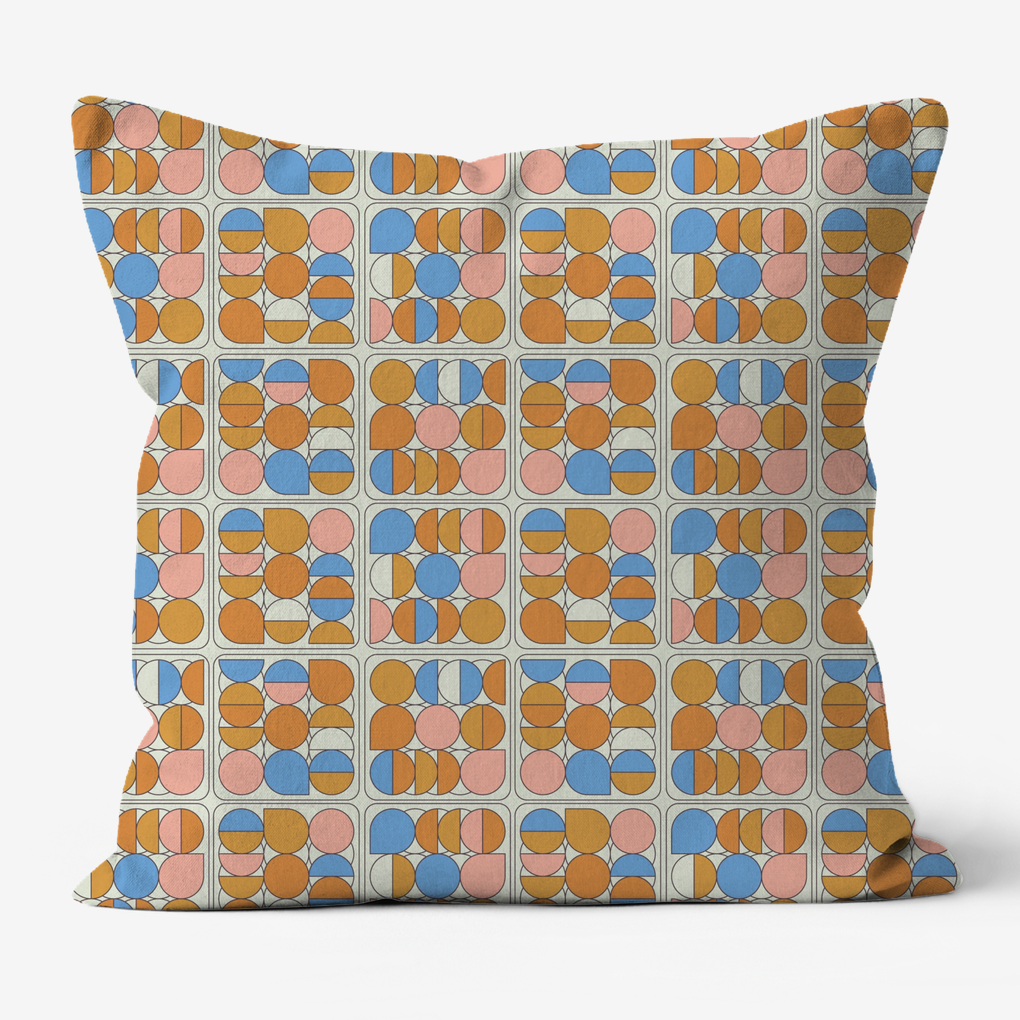 Pillow with orange and blue geometric pattern