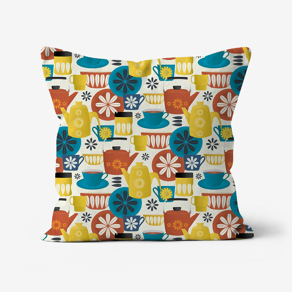 Thumbnail: Cushion with retro teapots and cups pattern