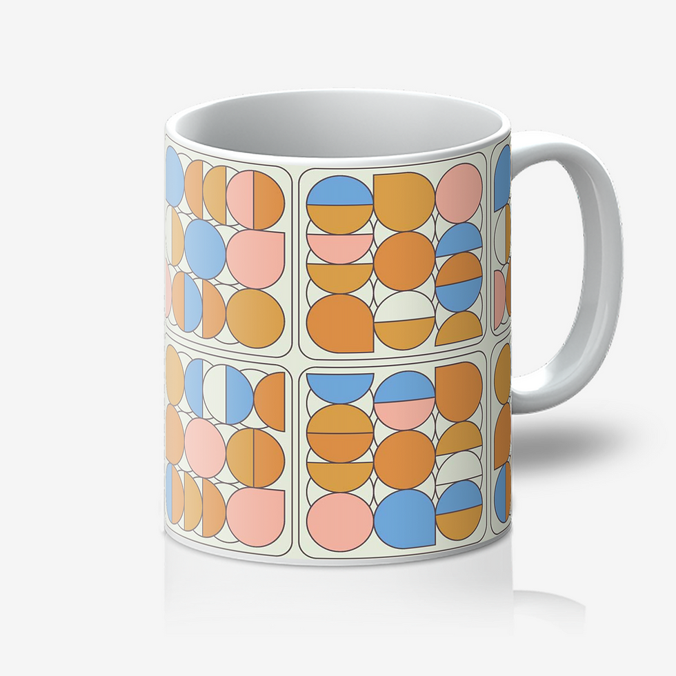 Thumbnail: White mug with retro peach, blue, and gold geometric pattern