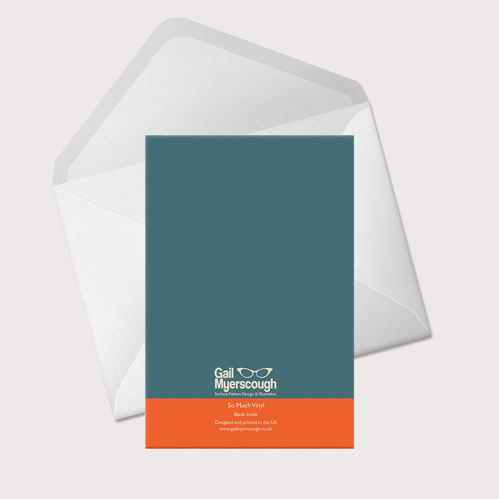 Thumbnail: Reverse of So Much Vinyl Orange card. Features a turntable on a cabinet full of vinyl records.