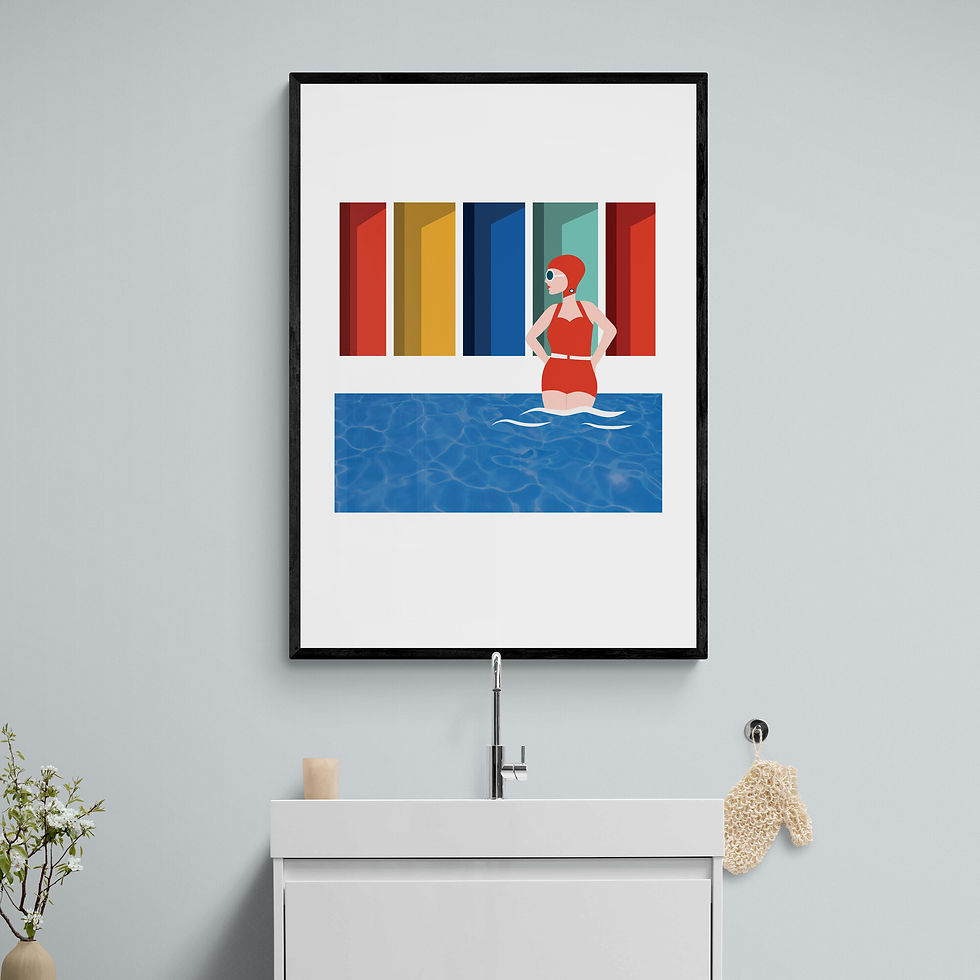 Thumbnail: Woman in red swimsuit in pool with colourful stripes