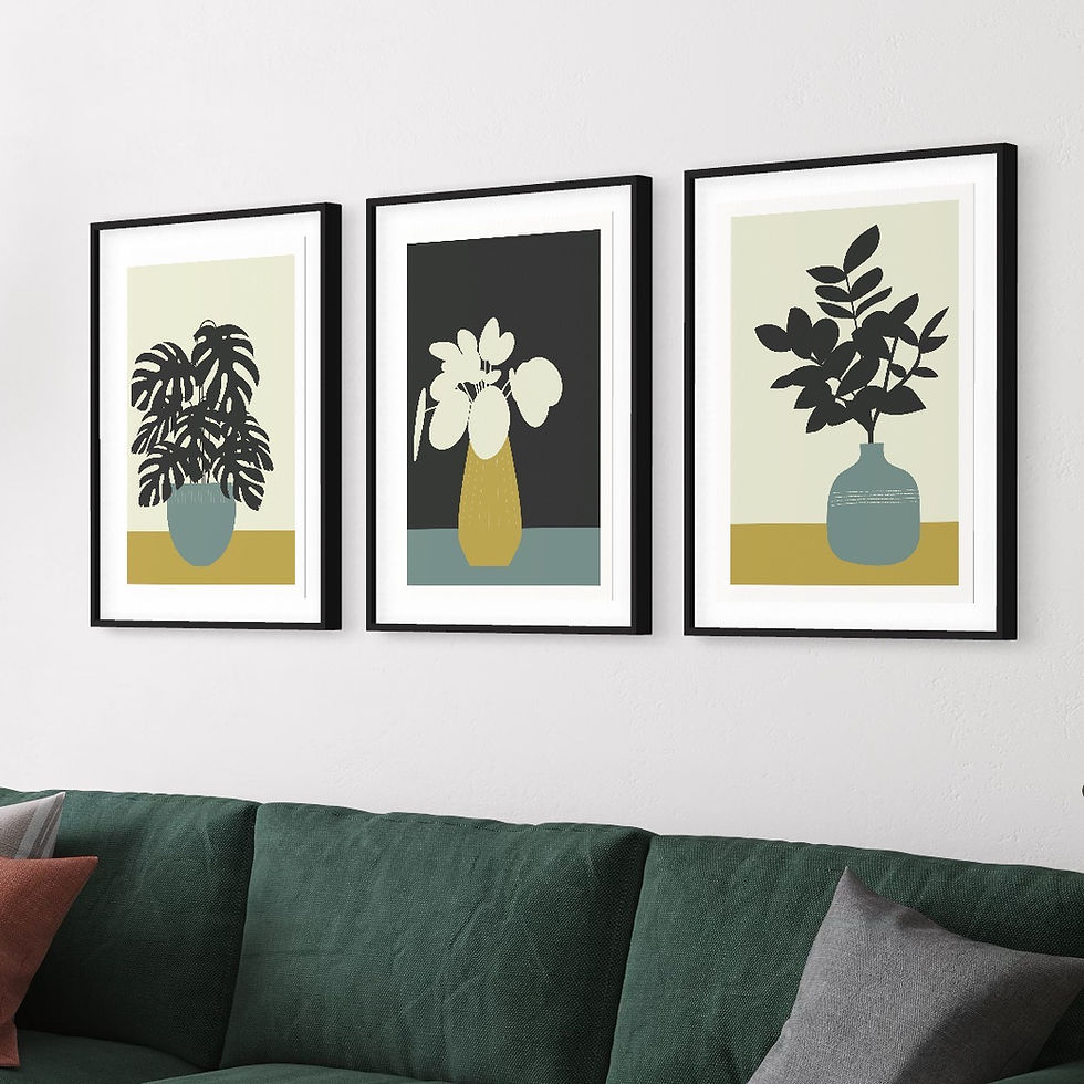 Houseplant print set - Monstera, Pilea and Fiscus in ochre and blue