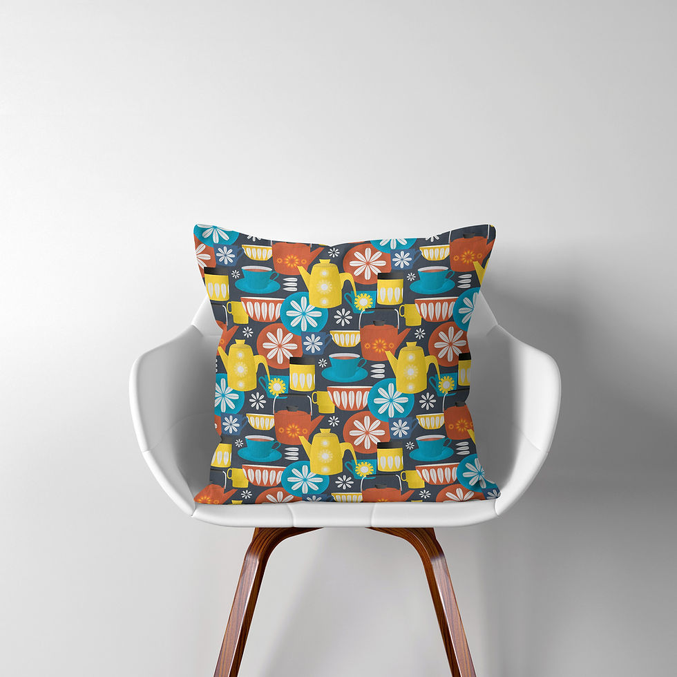 Thumbnail: Cushion with retro teapots and cups pattern