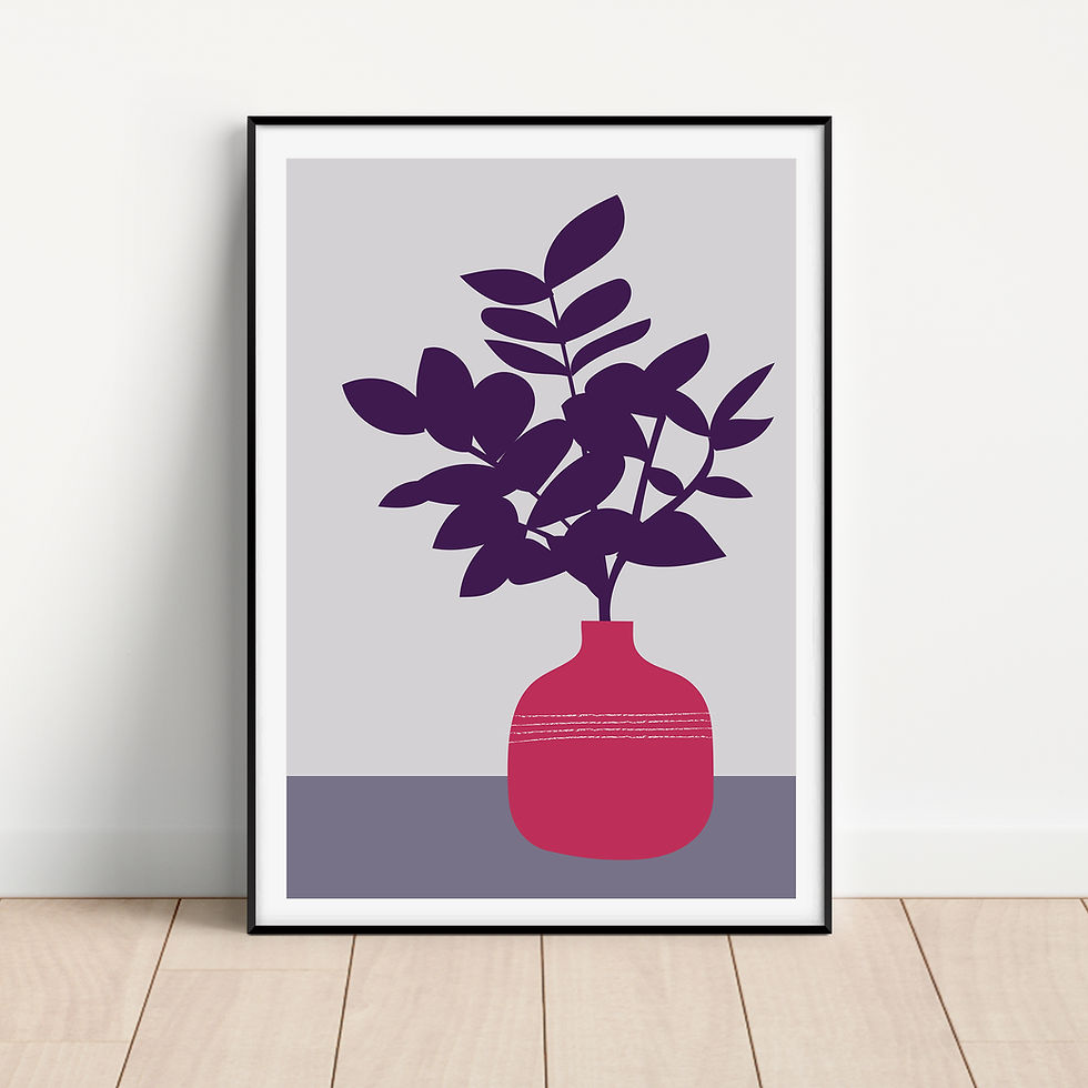 Thumbnail: Fiscus print with purple plant in pink vase