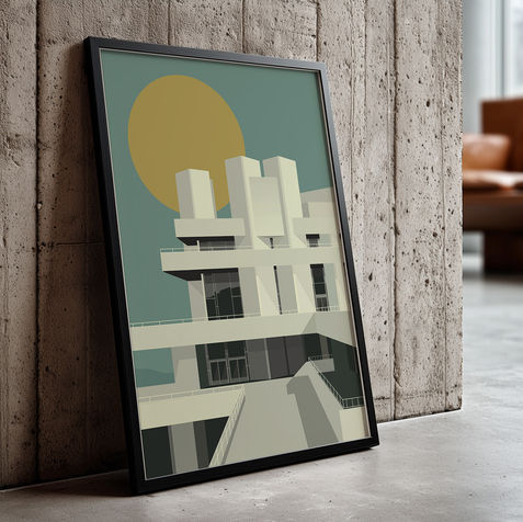 A National Theatre print leaning against a concrete wall
