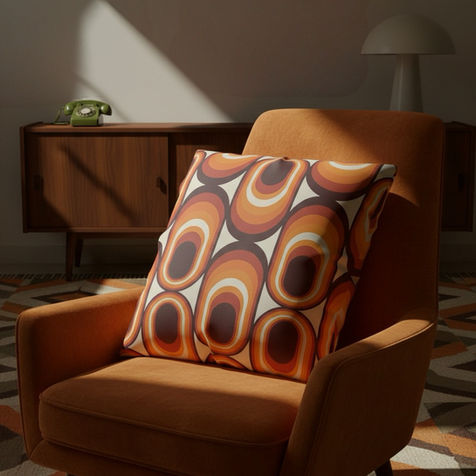 A 1970s inspired cushion in a retro room