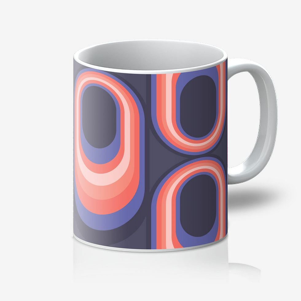 Thumbnail: White mug with retro purple and coral oval design
