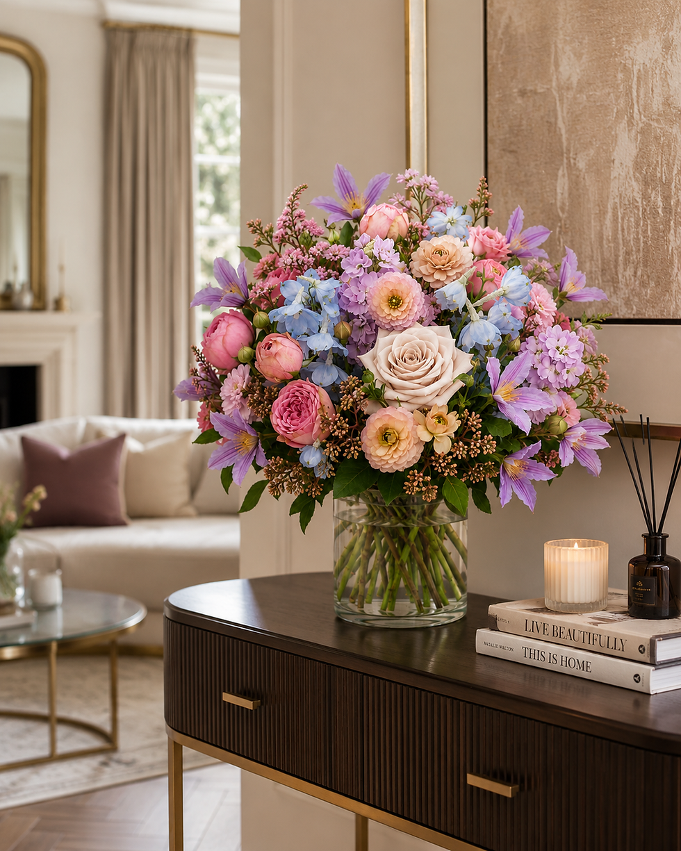 A joyful summer vase arrangement in vibrant shades of pink, peach, lilac and soft blue, thoughtfully combined to bring colour, warmth and effortless beauty into the home.