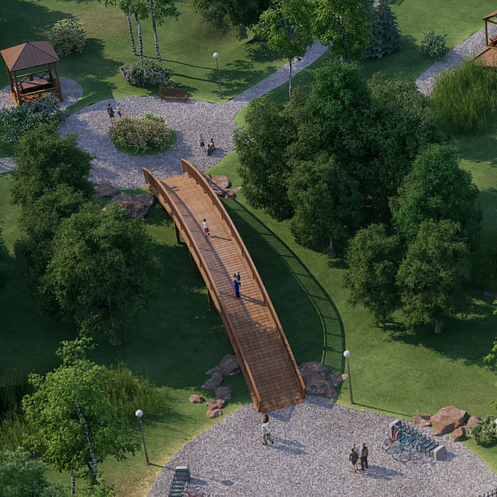 Aerial view of a park with a wooden bridge, lush greenery, and pathways. People walking and cycling. Bright, sunny day atmosphere.