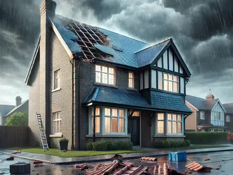 A UK-style detached house with visible roof damage following a storm. Dark storm clouds loom overhead, and several roof tiles are missing or displaced. The scene captures a moody, urgent atmosphere in a typical British suburban neighbourhood, with no people present