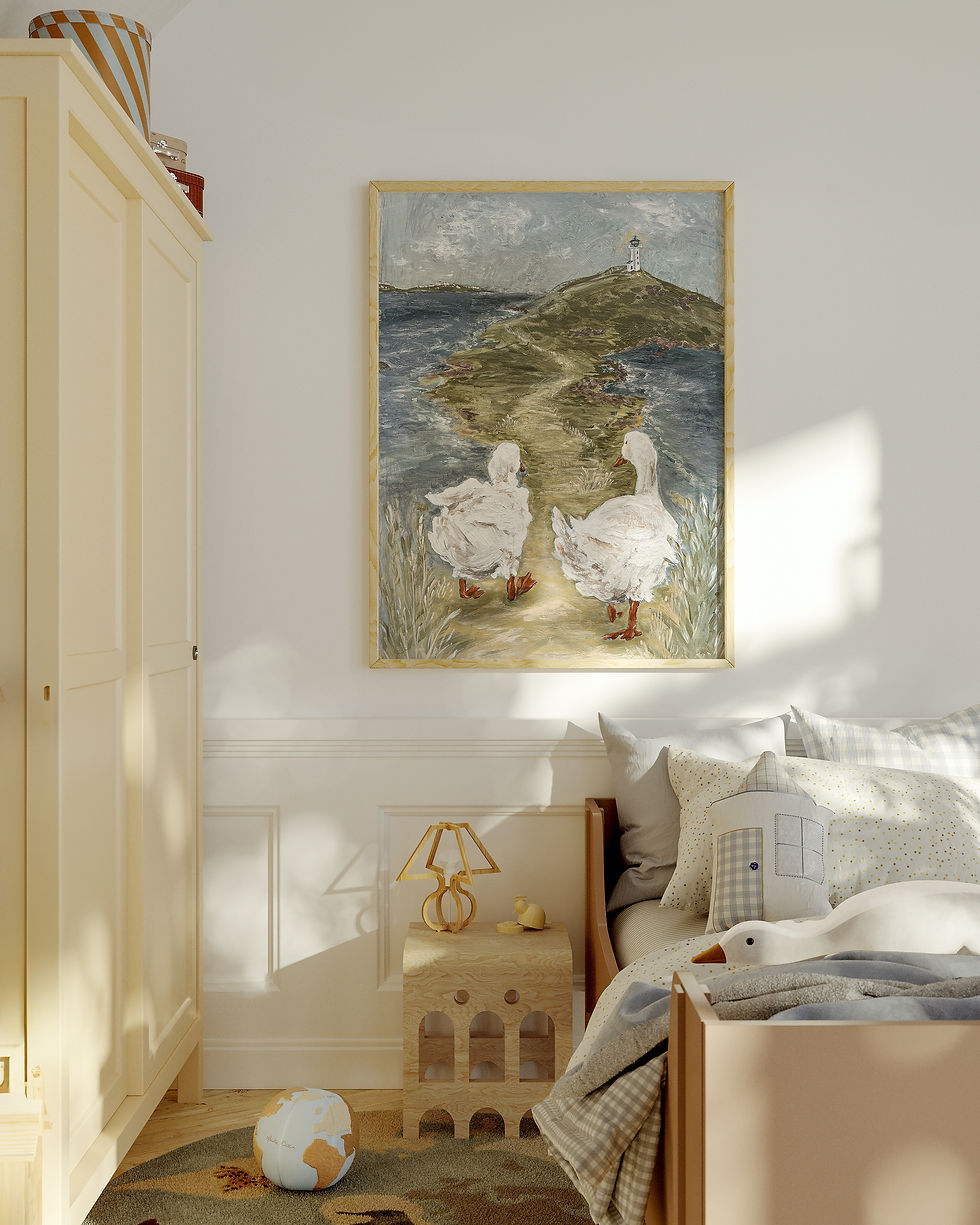 Thumbnail: A geese couple on an adventure to the lighthouse. Wall art print for children. Storytelling. 
