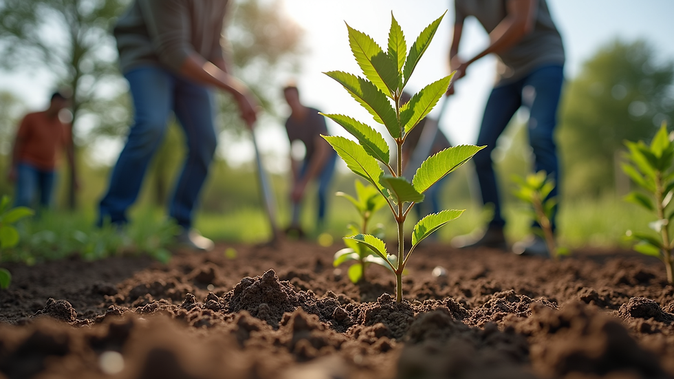 Eye-level view of a group of volunteers planting trees in a community garden