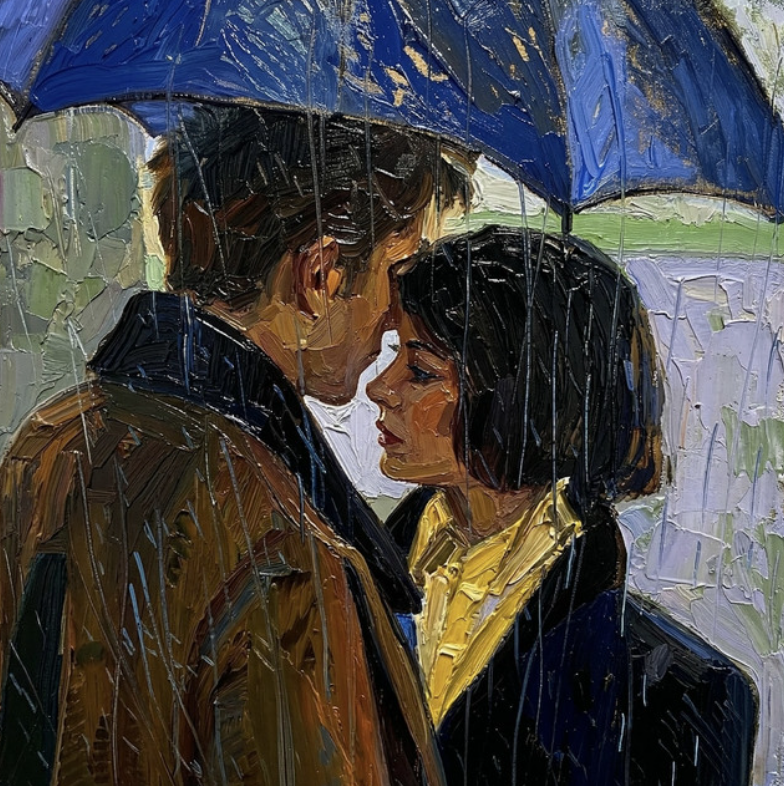 Album cover by Dept of a painting of two people under a blue umbrella