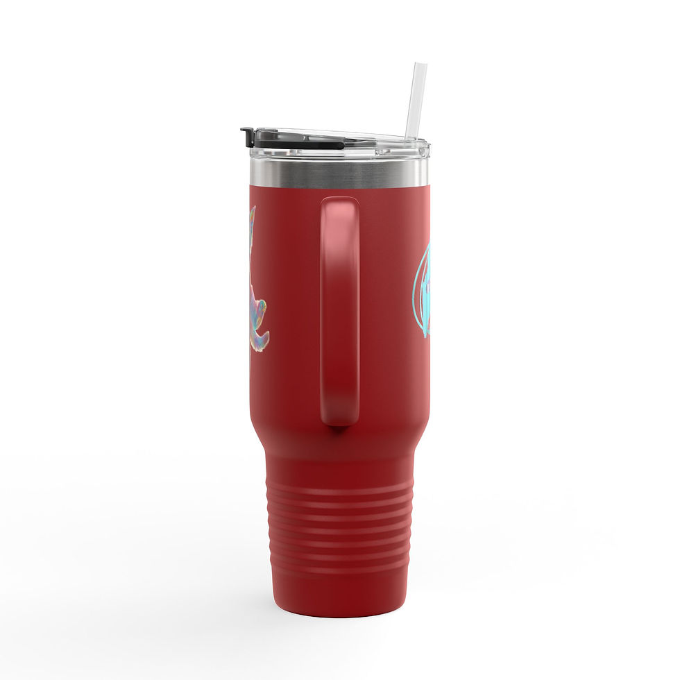 Thumbnail: 40oz Insulated Travel Mug with Logo and Colorful Dancing Cat Design