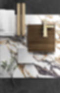 Interior design mood board featuring luxury marble with golden veins, textured wood samples, sleek metallic finishes, and modern fixtures, showcasing a harmonious blend of natural and contemporary elements perfect for upscale renovations by a skilled general contractor.