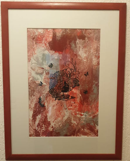 Lady in Red, Acrylpouring eingerahmt und hinter Glas