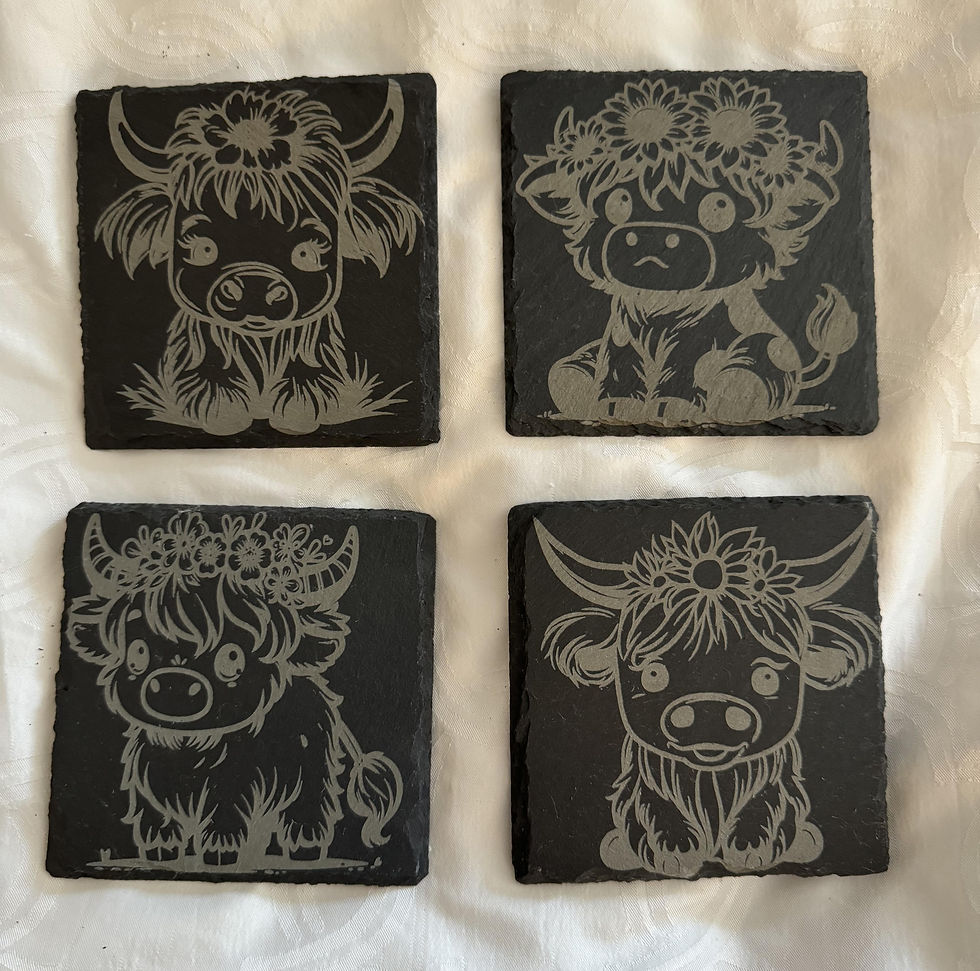 Set of 4 Highland Cow Laser Engraved Slate Rock Stone Coasters Gift Home Dec