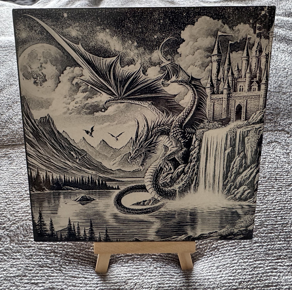 Front view Dragon with Castle & Waterfall Mountain Lakes 6x6 Ceramic Handmade Tile Gift