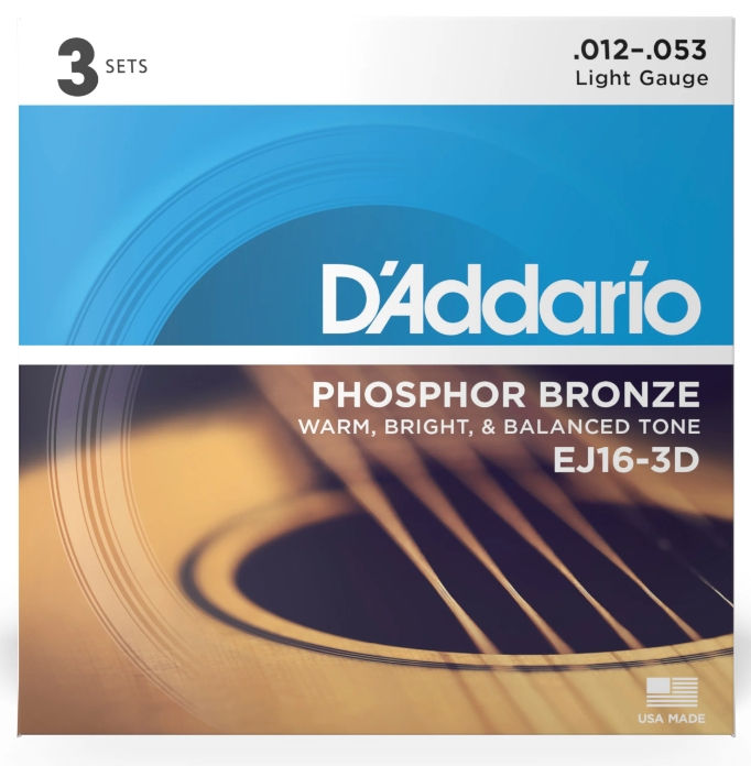 D'Addario EJ16 Phosphor Bronze 12-53 Acoustic Guitar Strings, 3-Pack