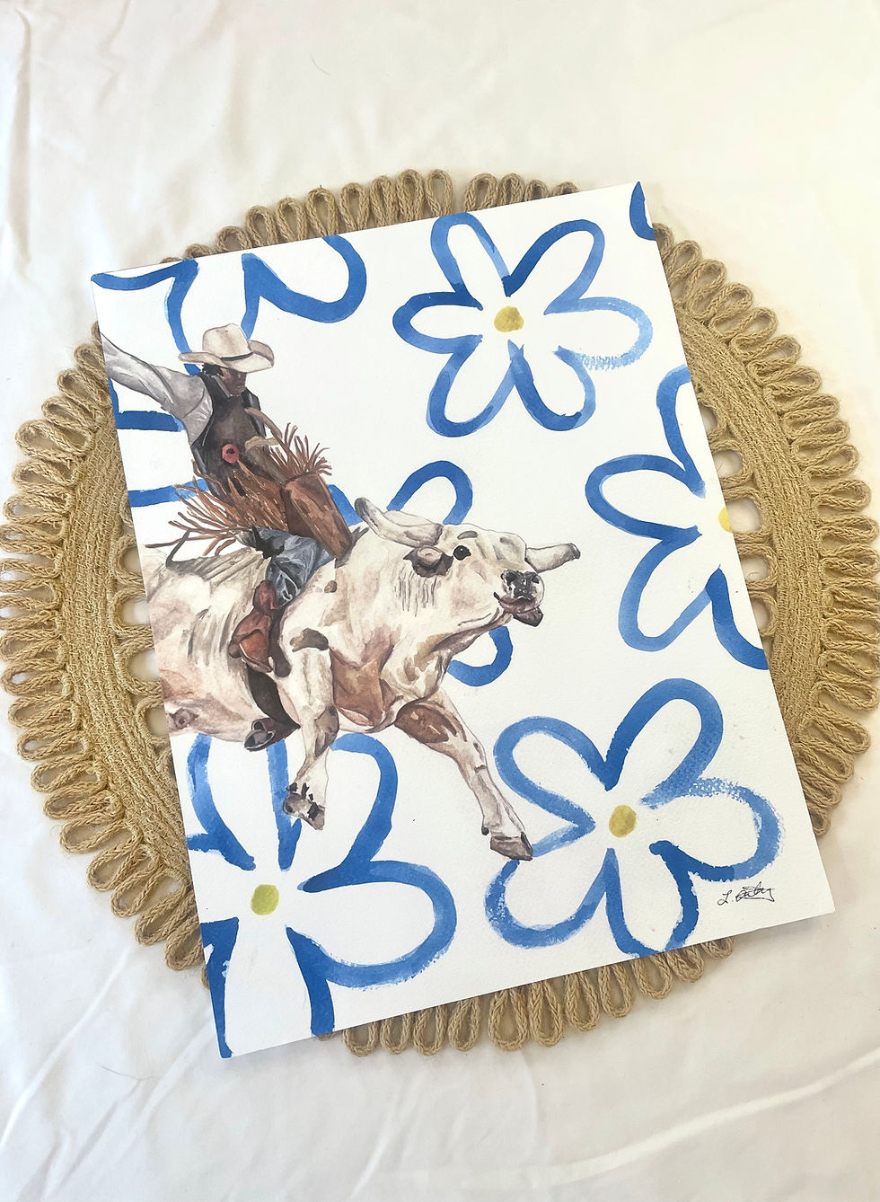 Thumbnail: Cowboy & Bucking Bull Watercolor Print | Western Home Decor | Unique Print