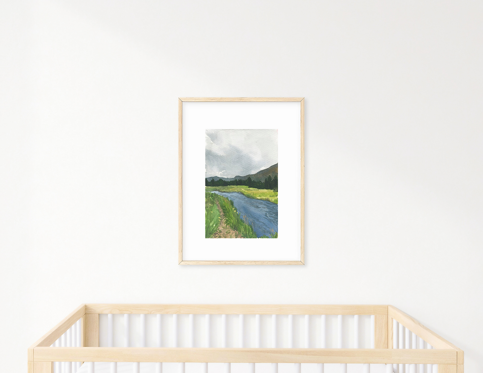 Thumbnail: Watercolor Print of Yellowstone Stream & Rolling Hills | Mountain Landscape