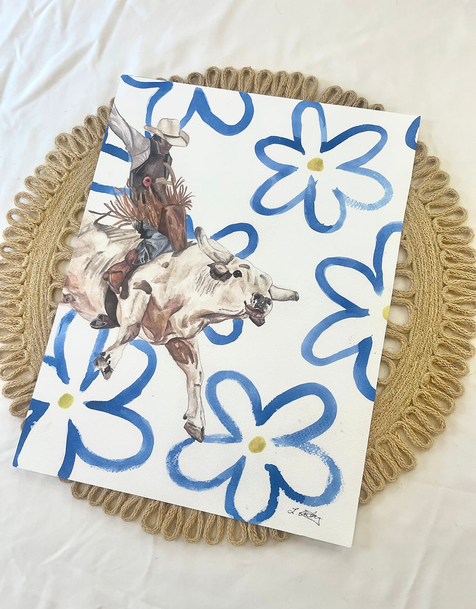 Thumbnail: Cowboy & Bucking Bull Watercolor Print | Western Home Decor | Unique Print