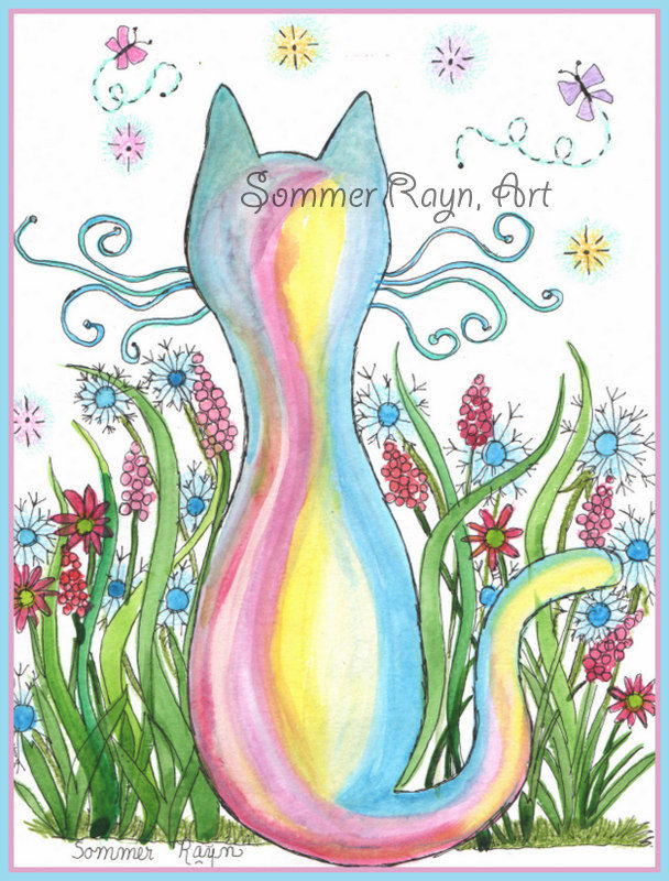 Finding Peace, a sweet rainbow colored cat in a Spring Garden, Item #0970