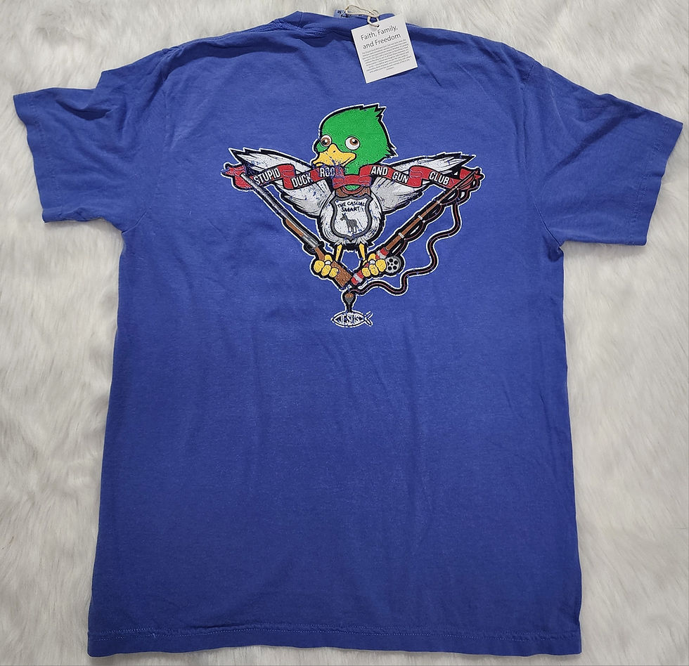 Blue Stupid Duck Rod And Gun Club T Shirt back