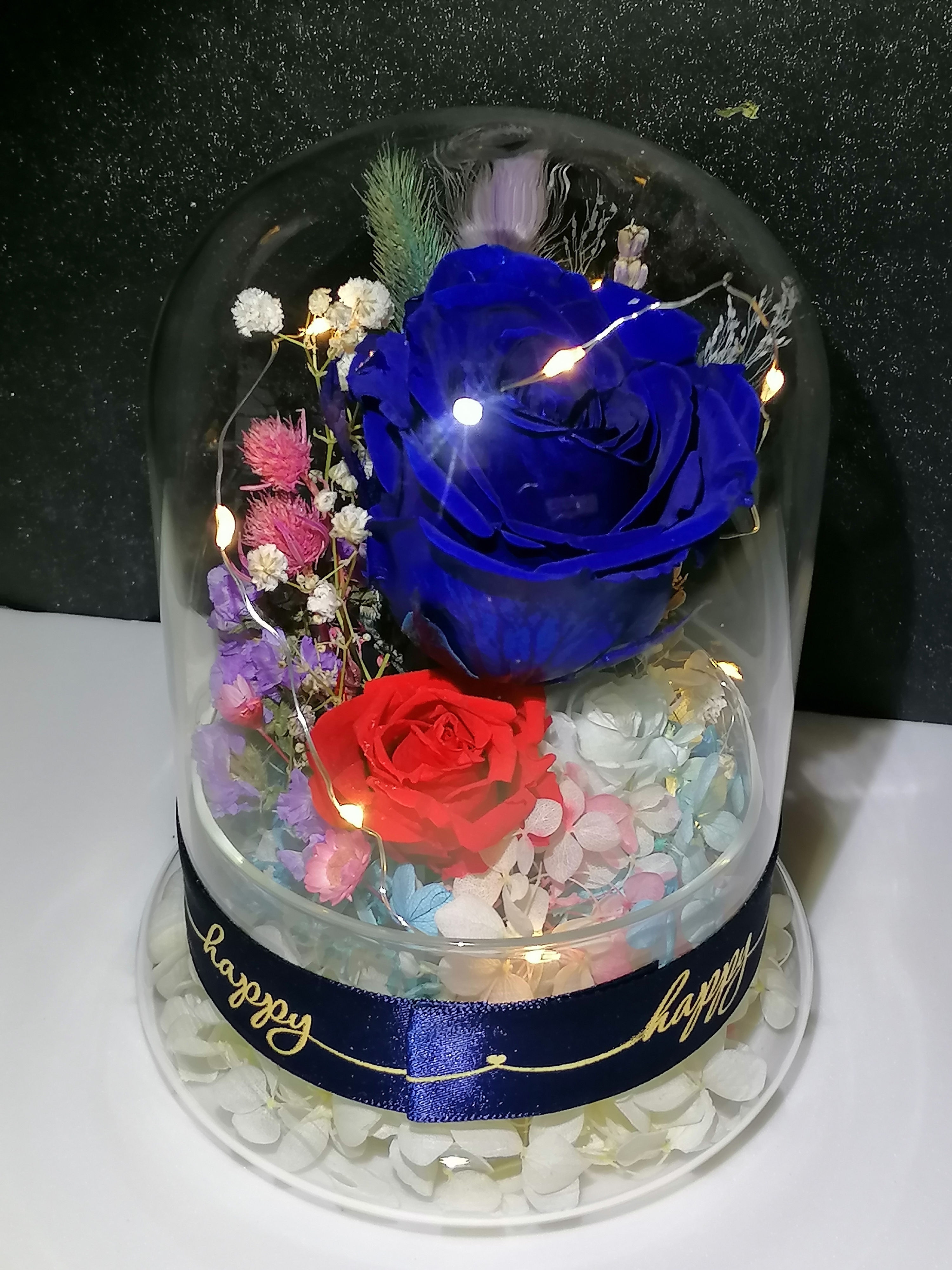 PF-G306  永生藍玫瑰花有燈玻璃擺設