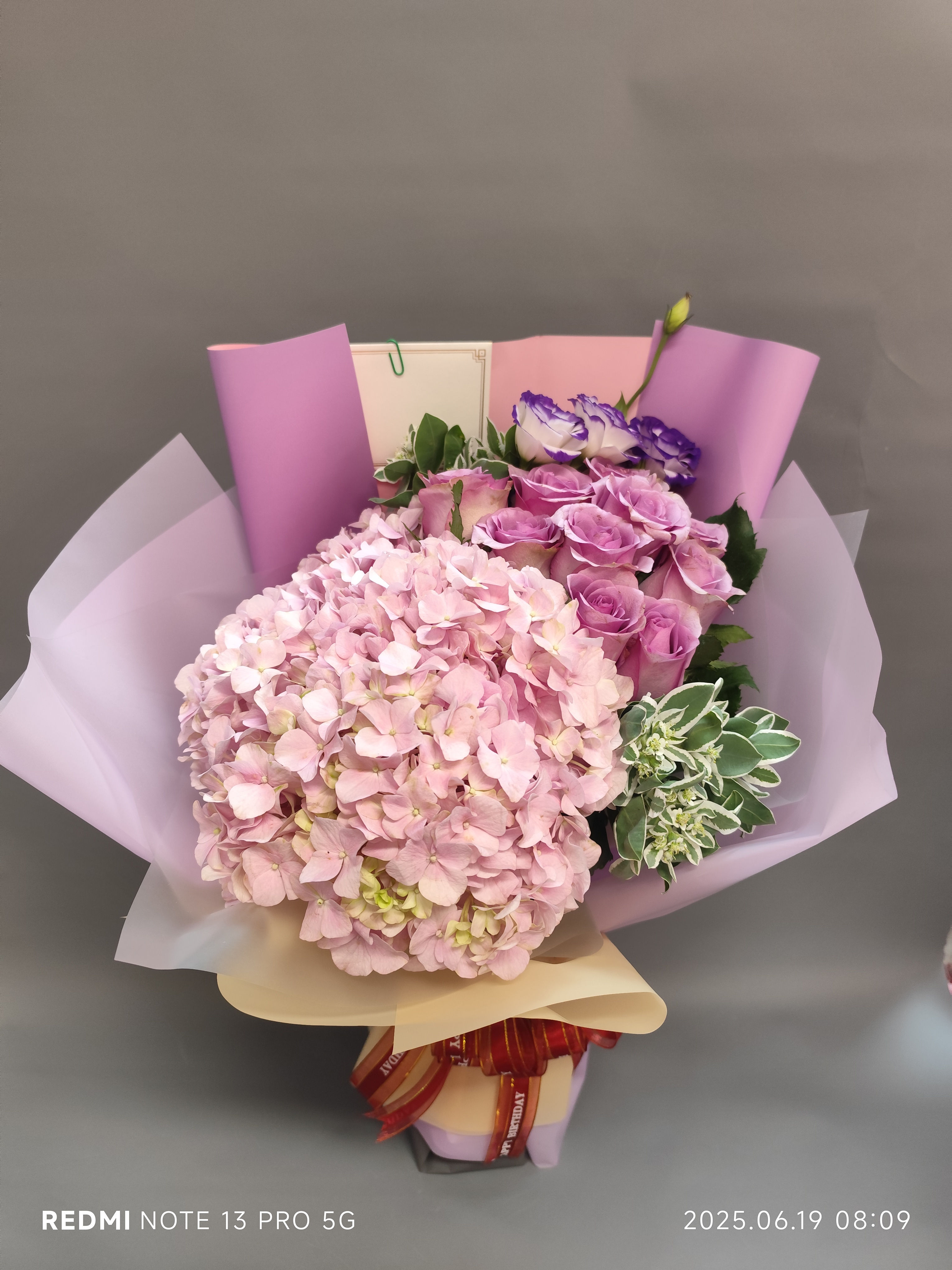 BH-034 16支紫玫瑰粉紅綉球花束