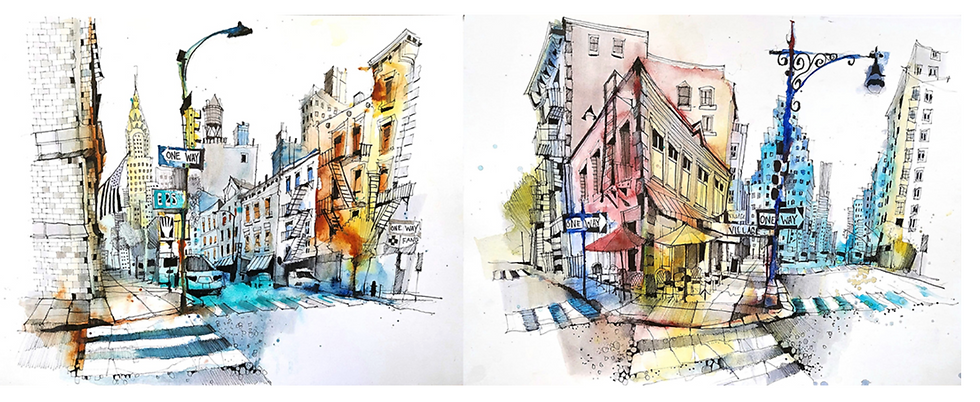 Urban sketching example by Ian Fennelly from https://www.urbansketchcourse.com/