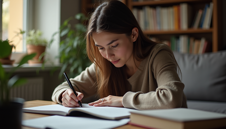 Vue en plongée d'un étudiant concentré avec des livres et un carnet de notes