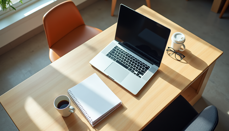 Vue en plongée d'un bureau d'étudiant avec ordinateur, cahiers et une tasse de café