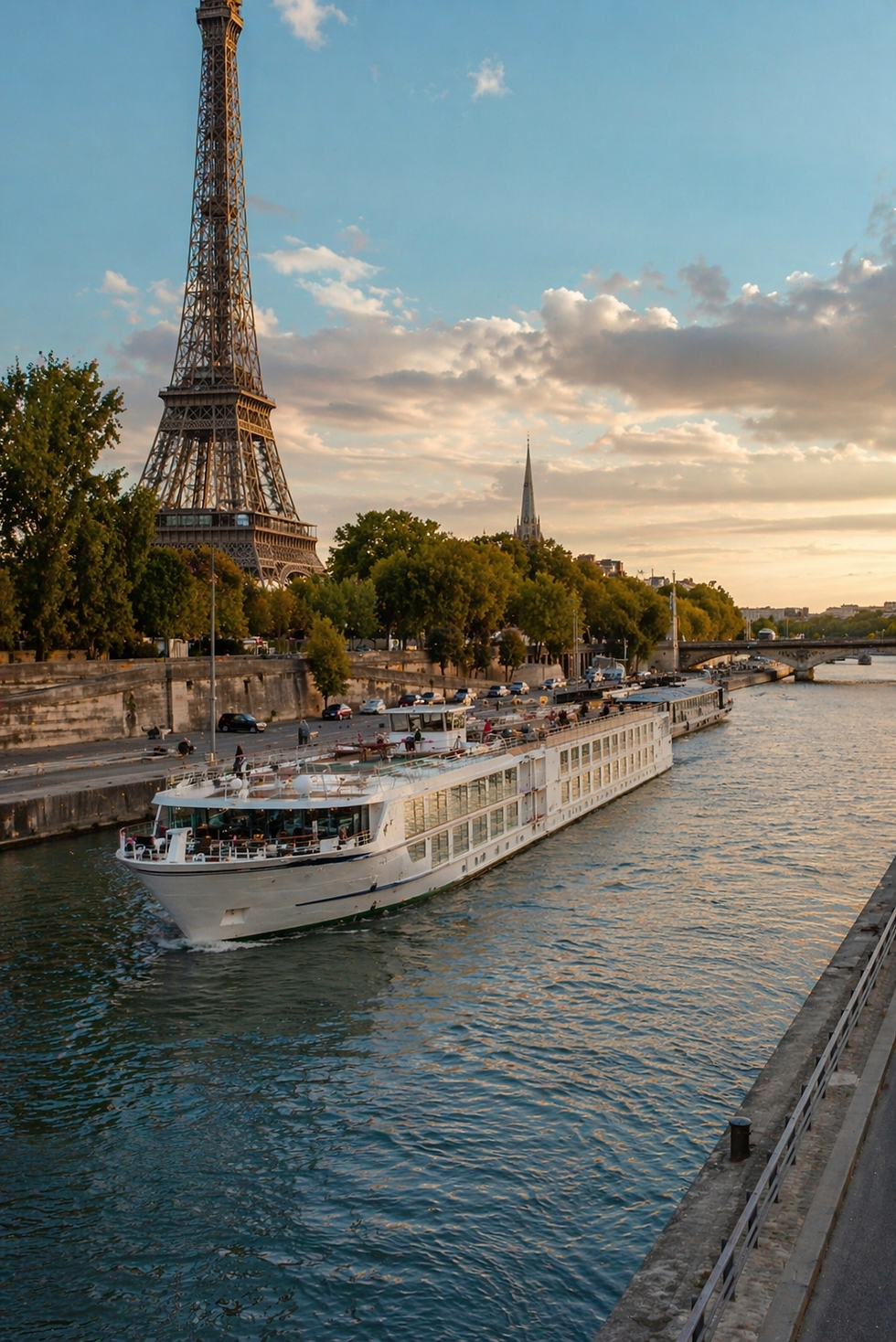 river cruise ship floating down the river with the Eiffel Tower in the background