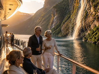 Luxury travelers relaxing with champagne on a small cruise ship deck while sailing through a dramatic Norwegian fjord at sunset.