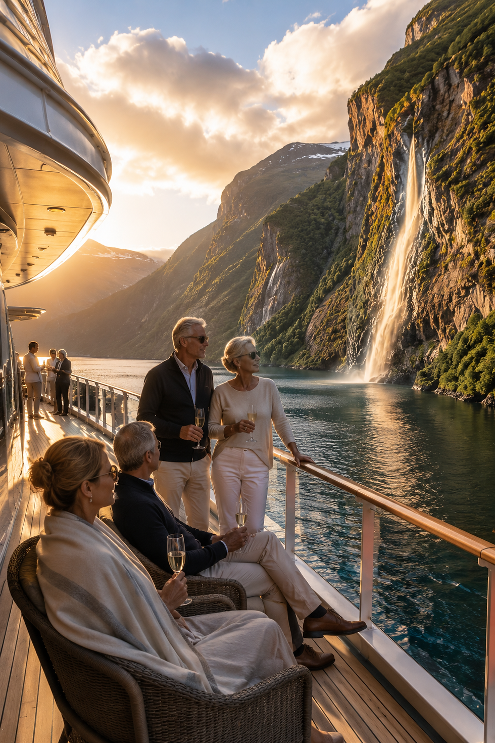 Luxury travelers relaxing with champagne on a small cruise ship deck while sailing through a dramatic Norwegian fjord at sunset.