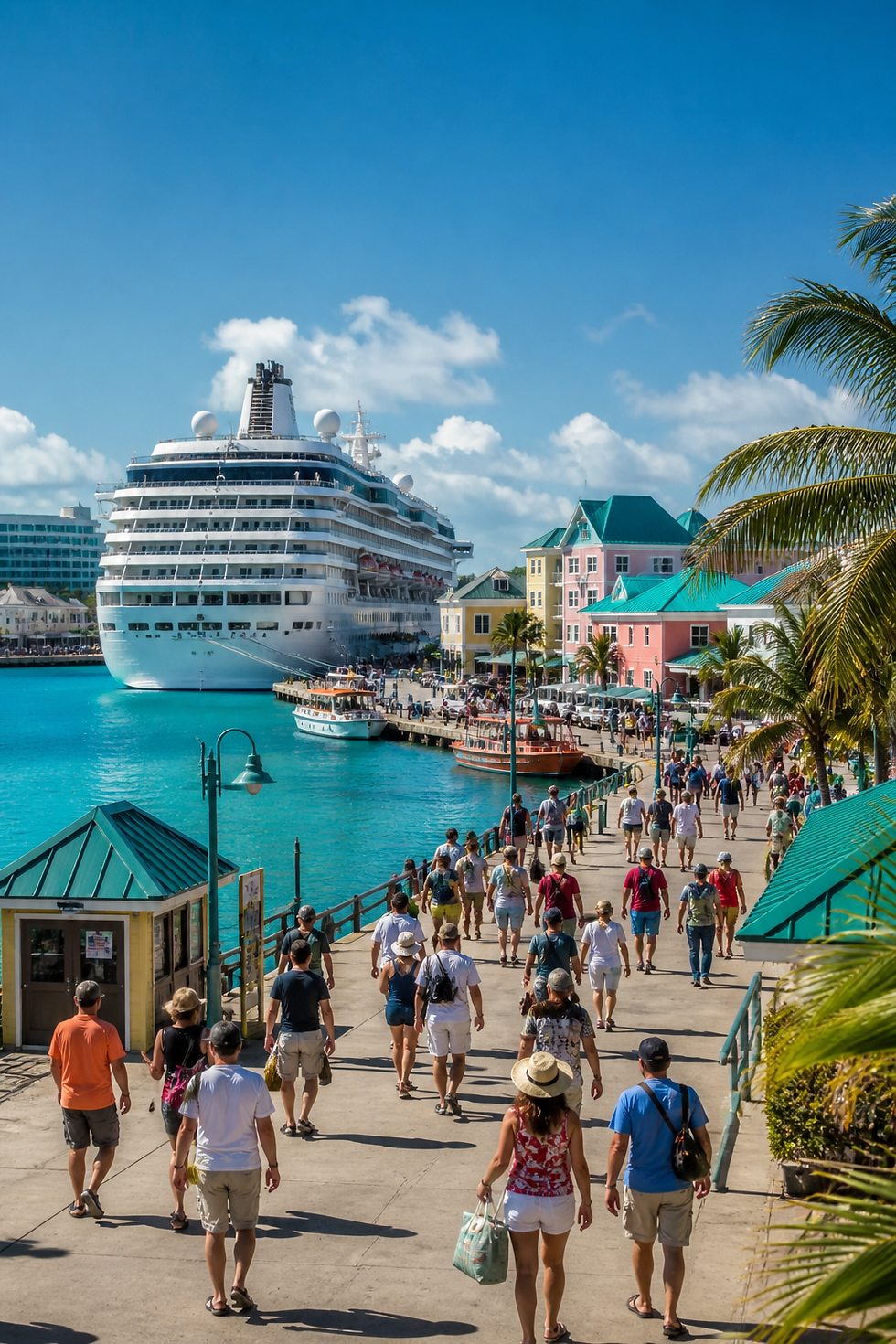 Luxury cruise ship docked in Nassau, Bahamas, with turquoise water, pastel-colored buildings, and cruise passengers walking along a sunny marina lined with palm trees and excursion boats.