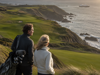 Sophisticated couple standing on a dramatic Irish coastal links golf course overlooking the Atlantic Ocean at sunset, with rolling emerald fairways, rugged cliffs, crashing waves, and a distant luxury ship along the coastline under cinematic cloudy skies.
