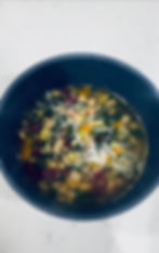 Minestrone Soup in a navy bowl